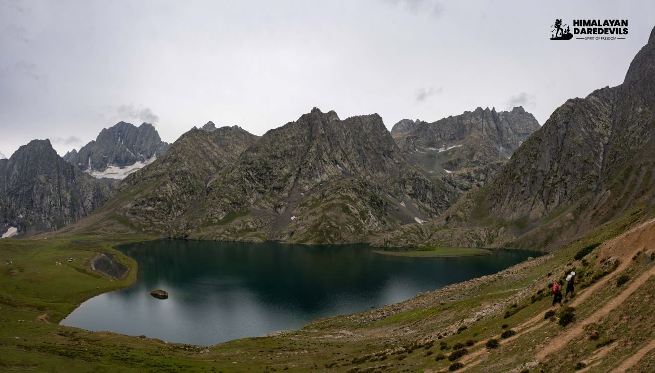 Crystal-clear lake reflecting snow-capped peaks in Kashmir